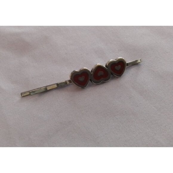 Vintage Heart-Shaped Red & Silver Hair Clip Bobby Pin With Triple Heart Design - Picture 1 of 3